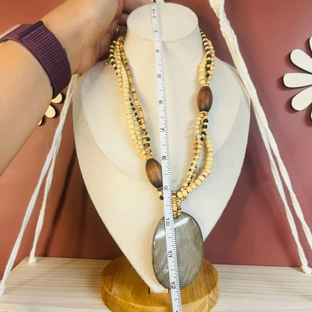 Natural Stone Beaded Necklace with Polished Shell Pendant | Boho Earthy Eclectic